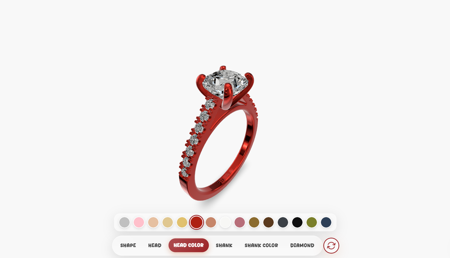Interactive 3D jewelry configurator showing real-time material and gemstone customization on a digital ring